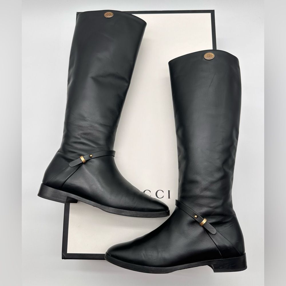 Gucci Rosie Tall Black Leather Riding Boots 25 mm EU 37 US 7
